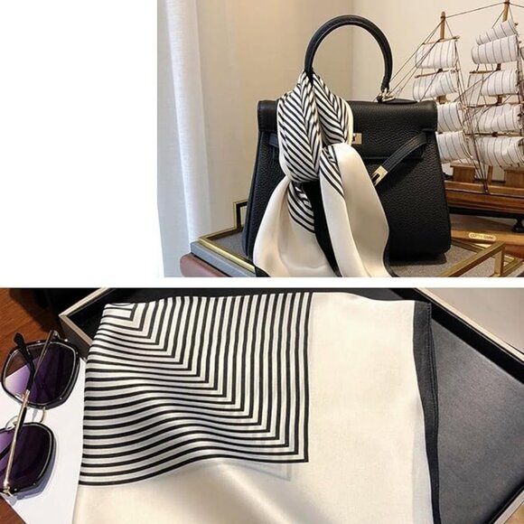 100% Mulberry Silk Neck Scarf 21"x21" Black & White Stripes - Picture 5 of 5